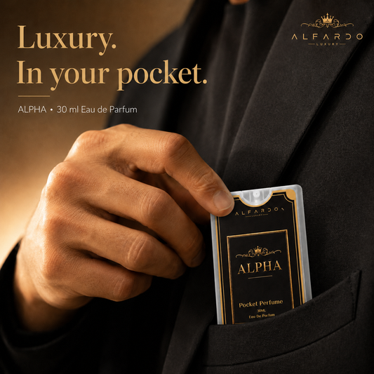 Alpha pocket perfume held, showing its card-sized format