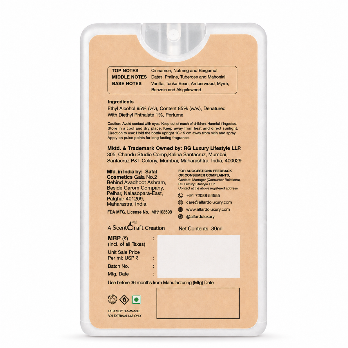 Amber Royale back of pack with ingredients and manufacturer details