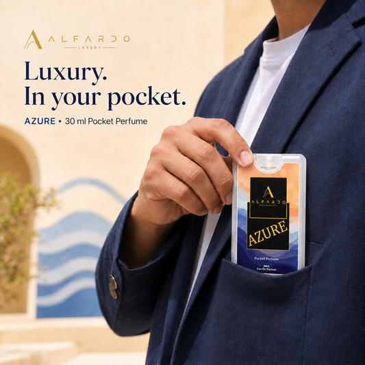 Azure pocket perfume held, showing its card-sized format