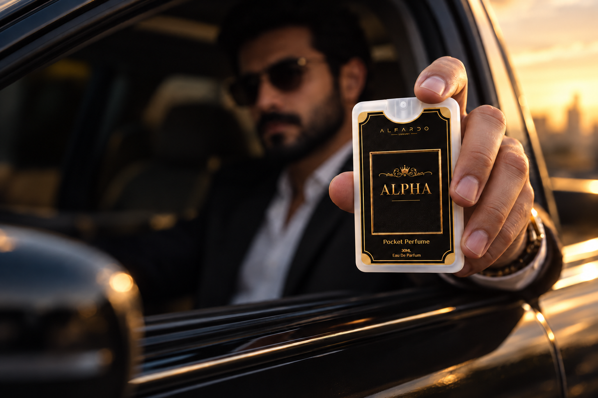 A hand slipping an Alfardo pocket perfume into a trouser pocket