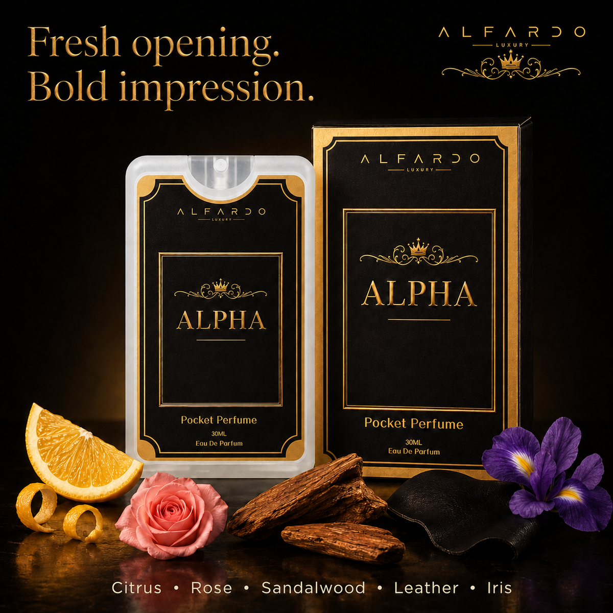 Alpha pocket perfume with its key fragrance ingredients