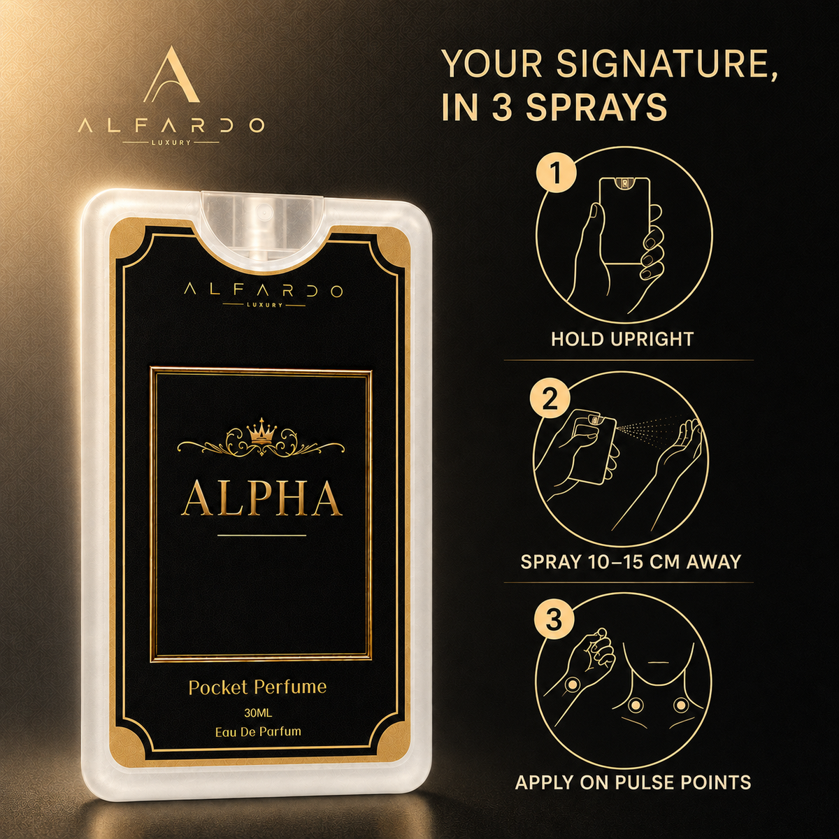 How to wear Alpha: hold upright, spray 10 to 15 cm away, apply to pulse points