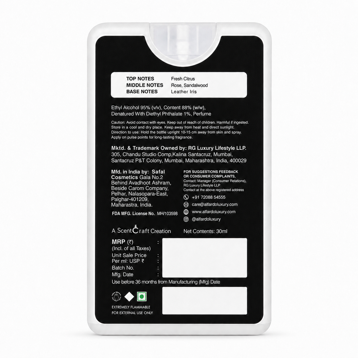 Alpha back of pack with ingredients and manufacturer details
