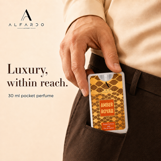 Amber Royale pocket perfume held, showing its card-sized format