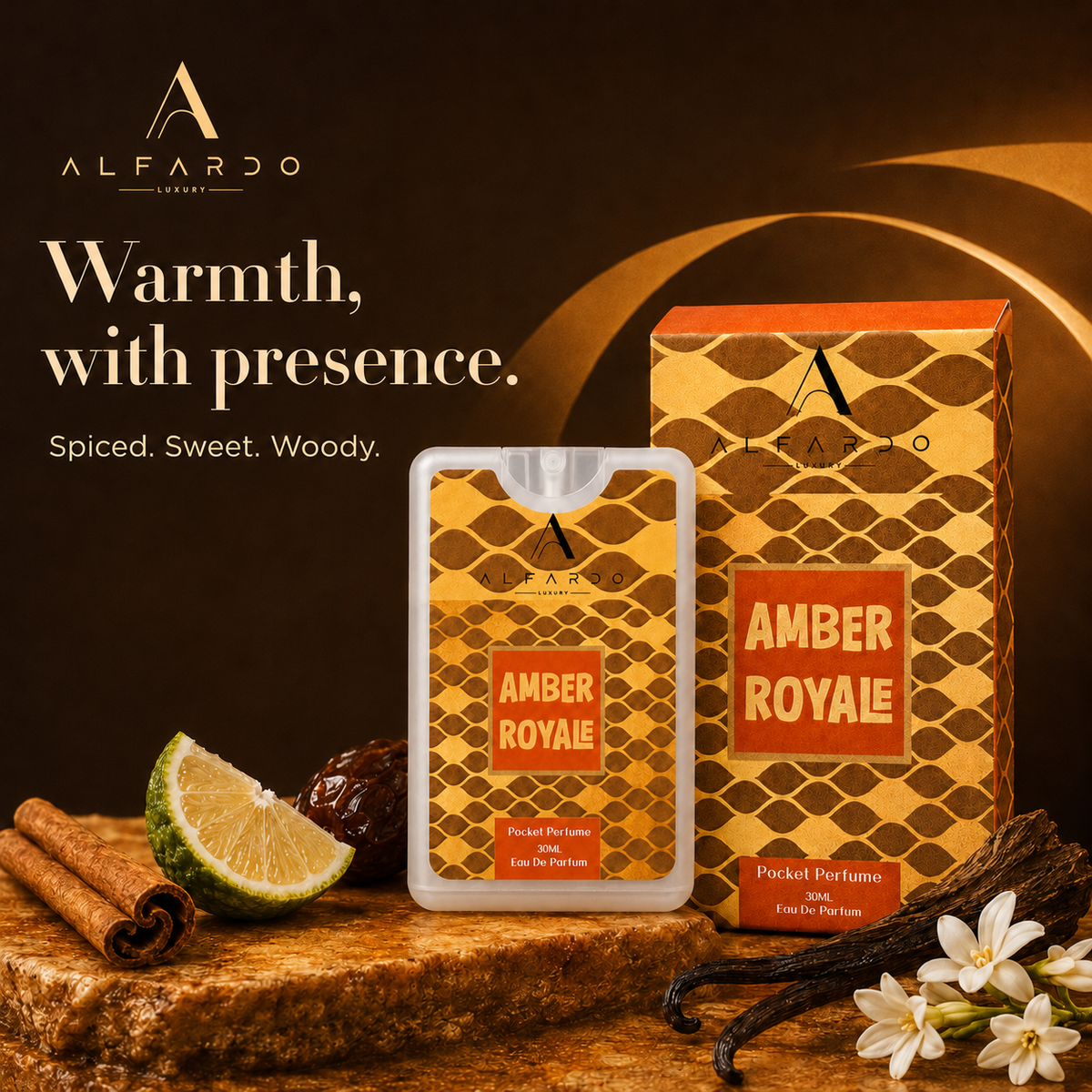 Amber Royale pocket perfume with its key fragrance ingredients