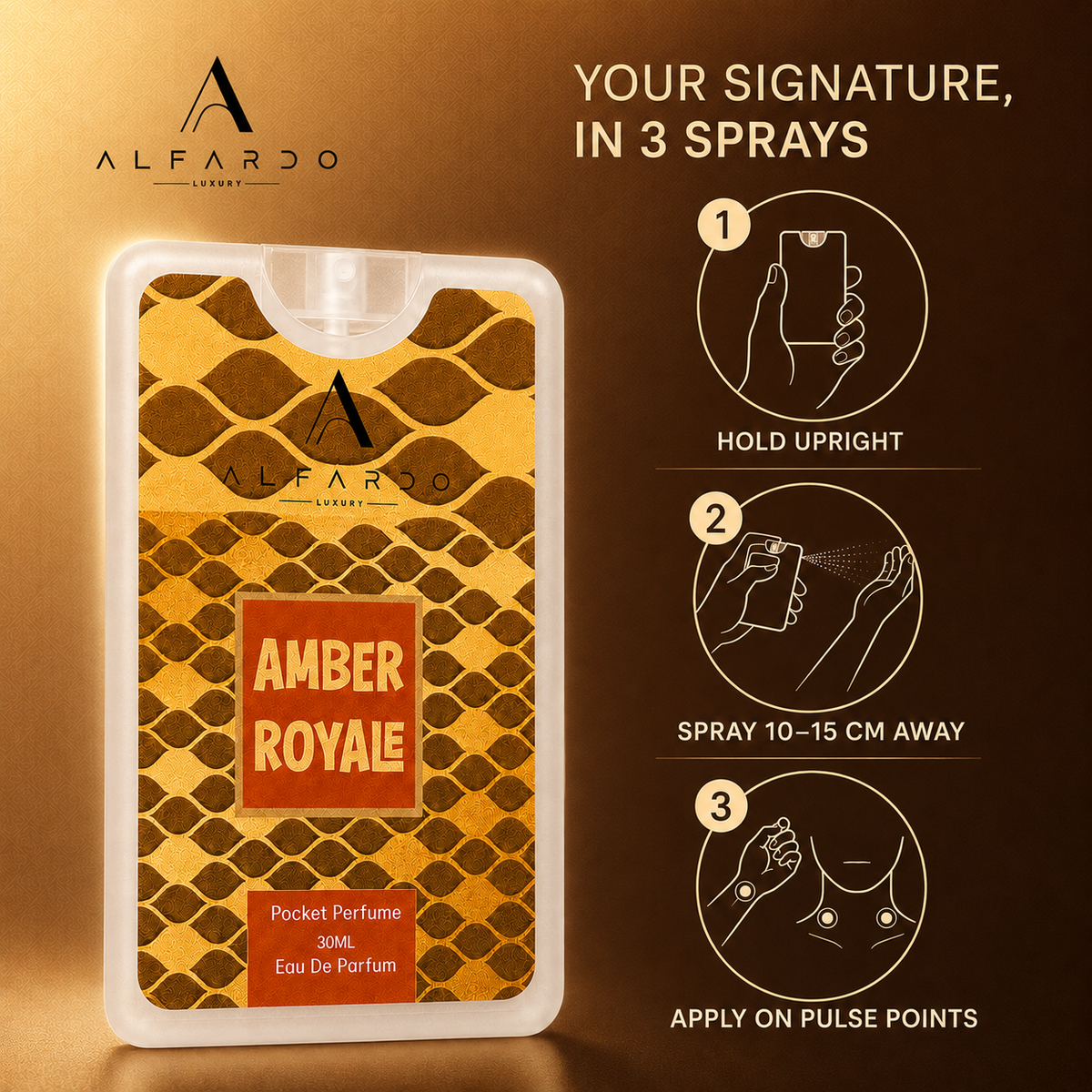 How to wear Amber Royale: hold upright, spray 10 to 15 cm away, apply to pulse points
