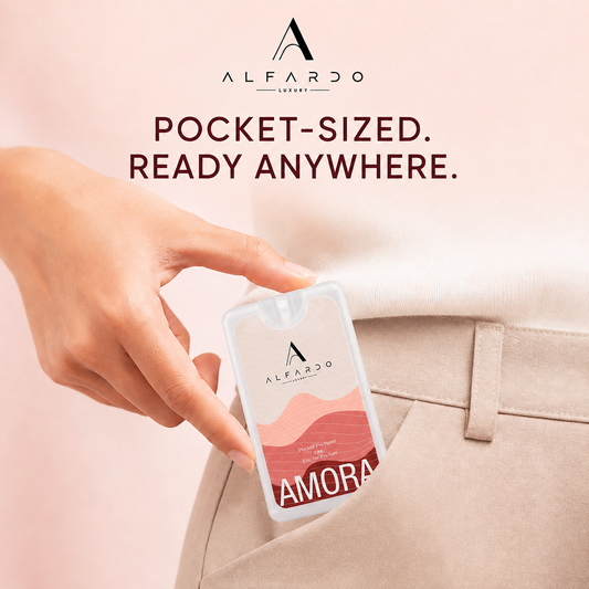 Amora pocket perfume held, showing its card-sized format