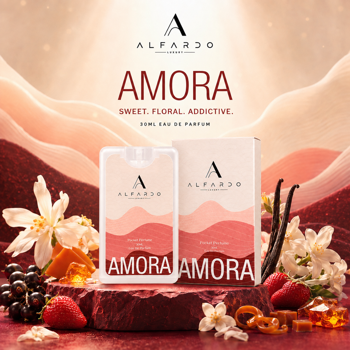Amora pocket perfume with its key fragrance ingredients