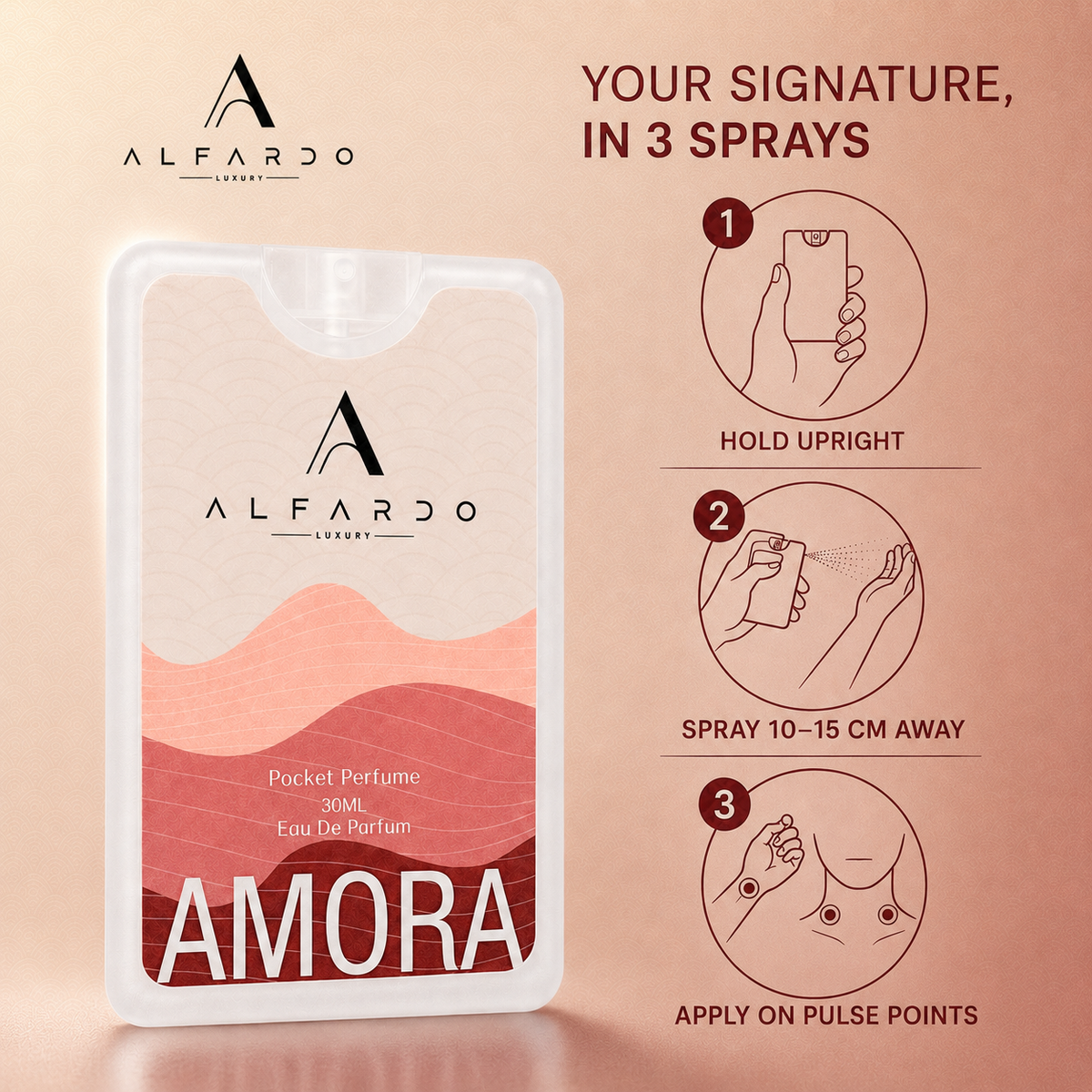 How to wear Amora: hold upright, spray 10 to 15 cm away, apply to pulse points