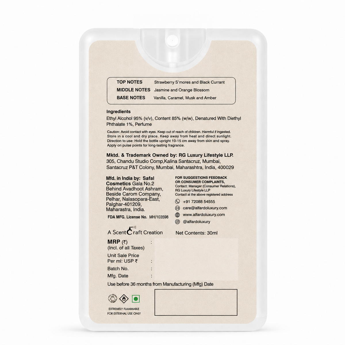 Amora back of pack with ingredients and manufacturer details