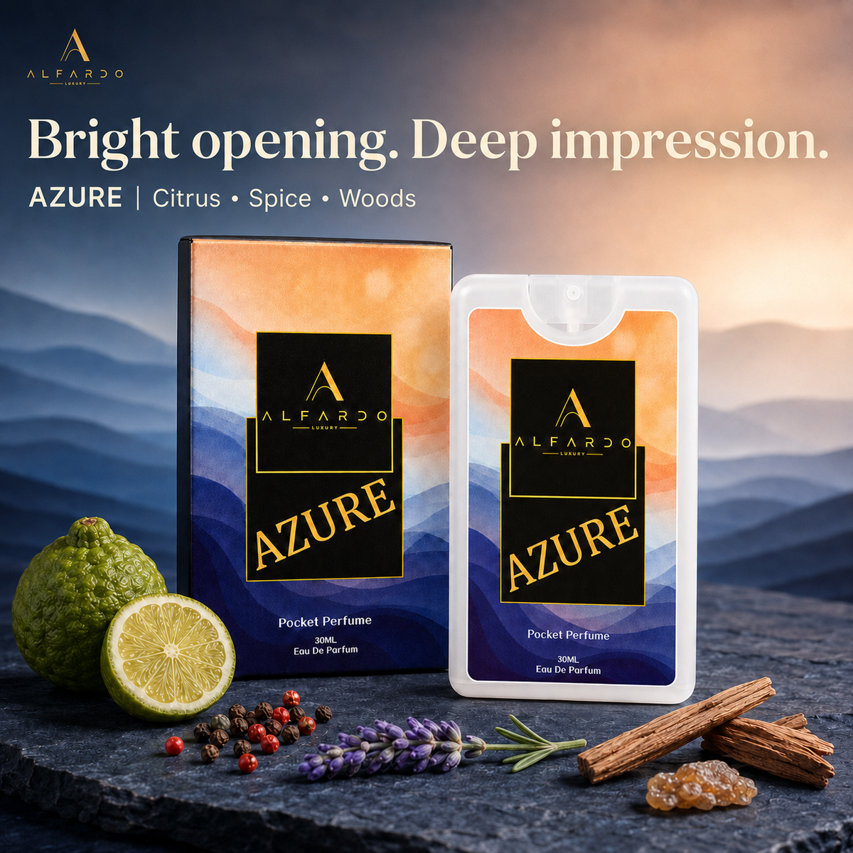 Azure pocket perfume with its key fragrance ingredients