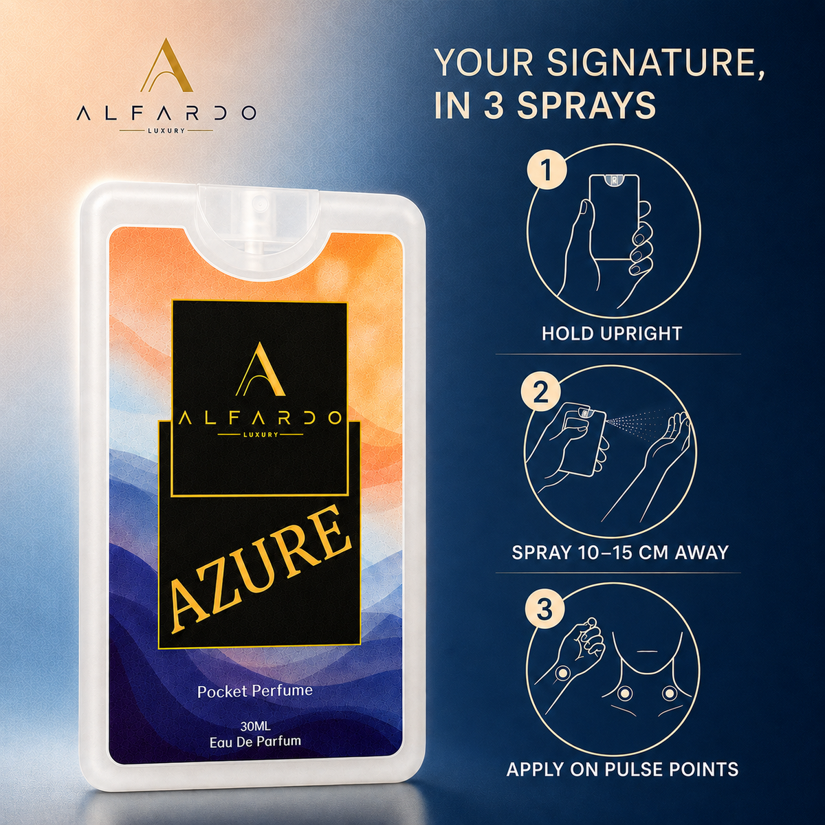 How to wear Azure: hold upright, spray 10 to 15 cm away, apply to pulse points