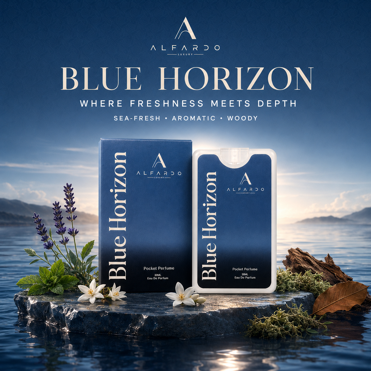 Blue Horizon pocket perfume with its key fragrance ingredients