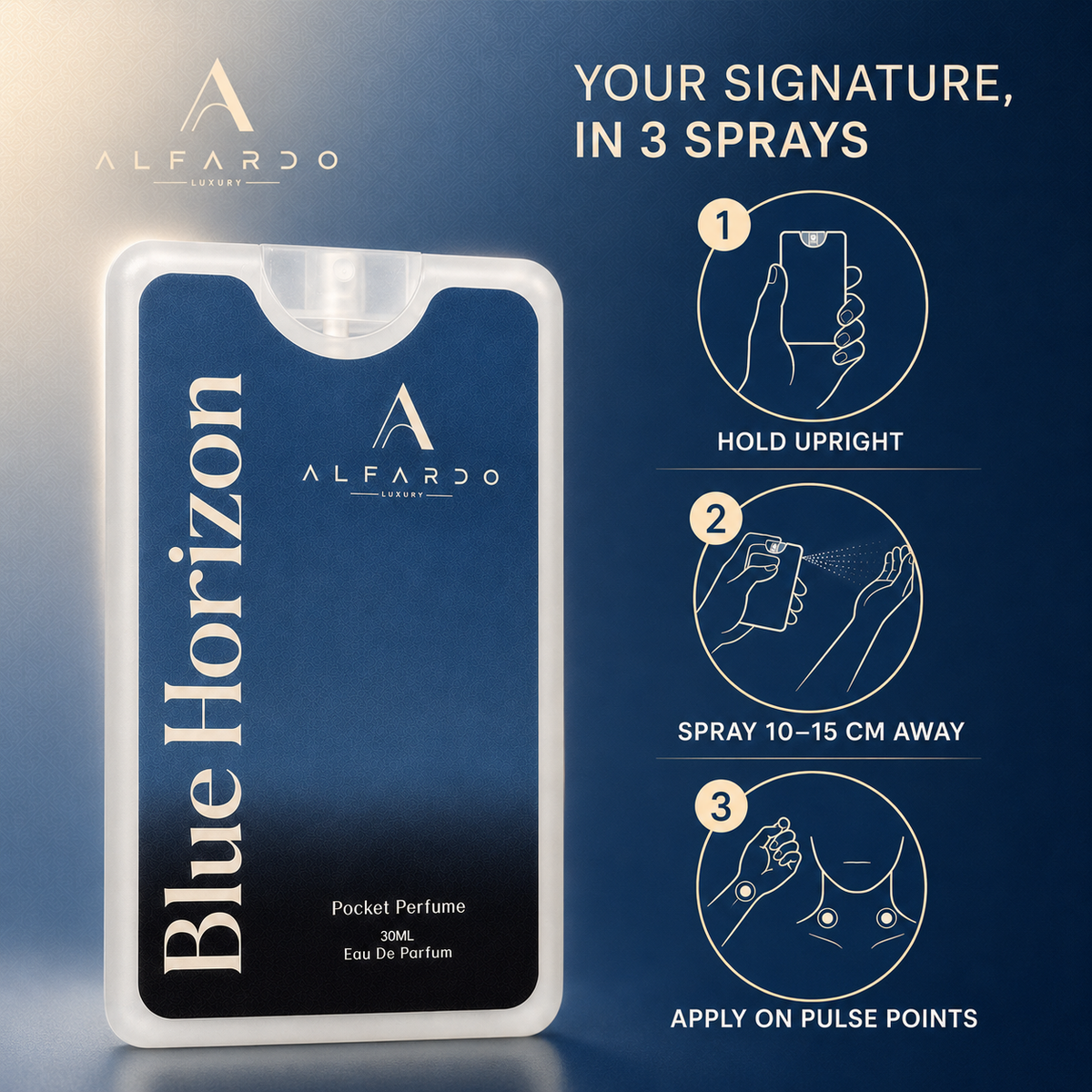How to wear Blue Horizon: hold upright, spray 10 to 15 cm away, apply to pulse points