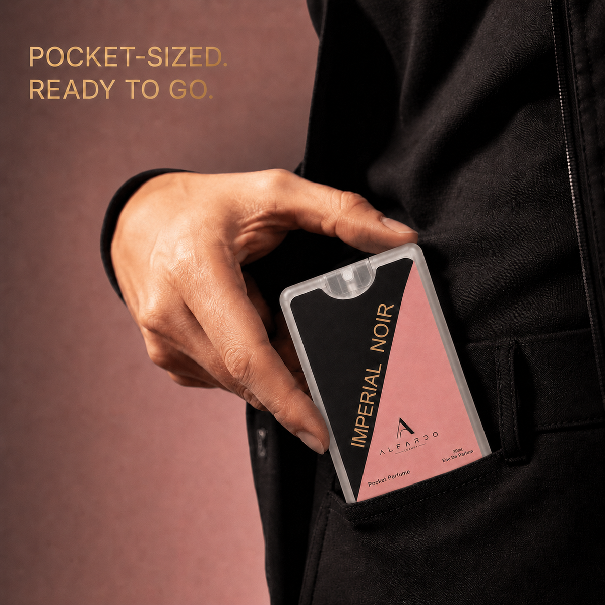 Imperial Noir pocket perfume held, showing its card-sized format