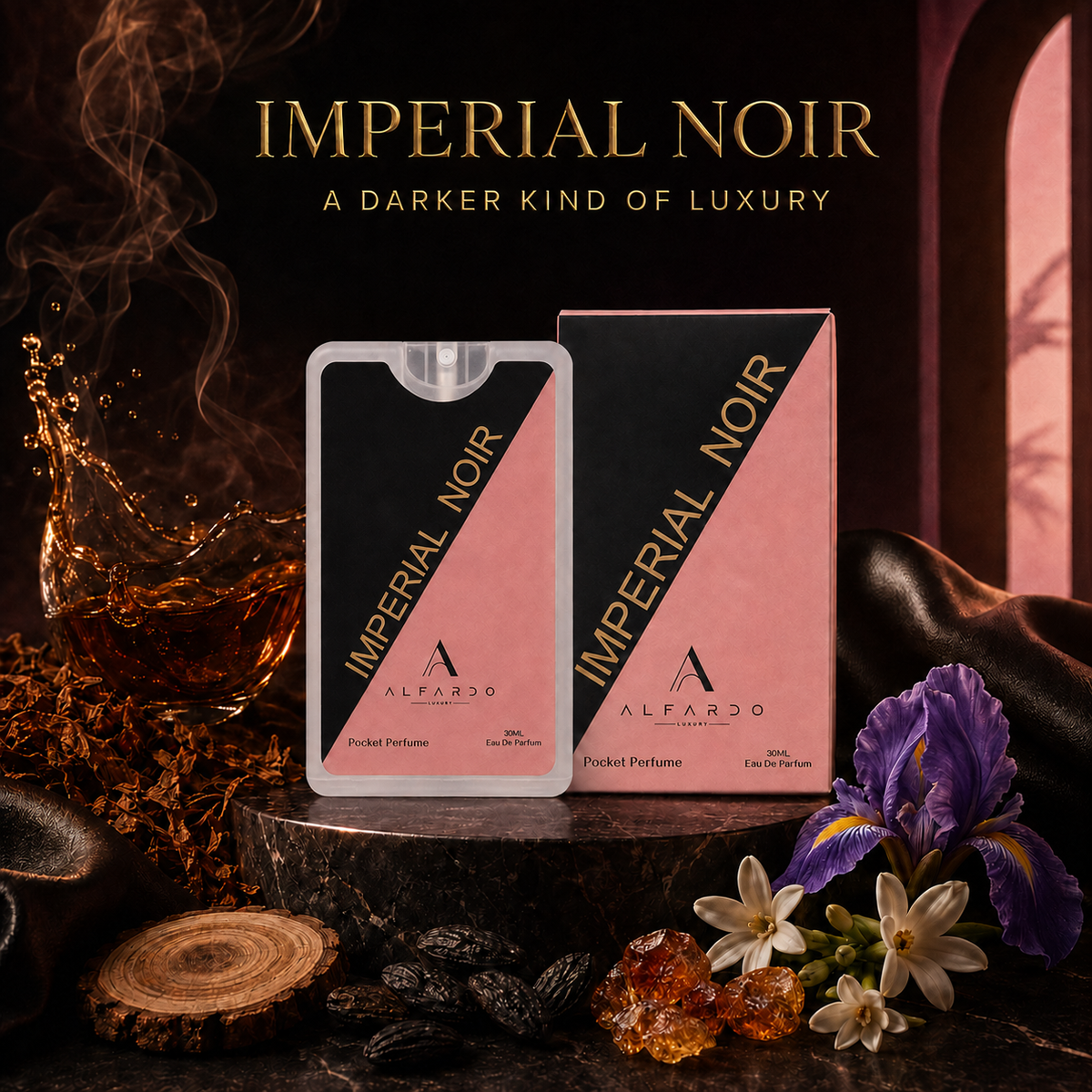 Imperial Noir pocket perfume with its key fragrance ingredients