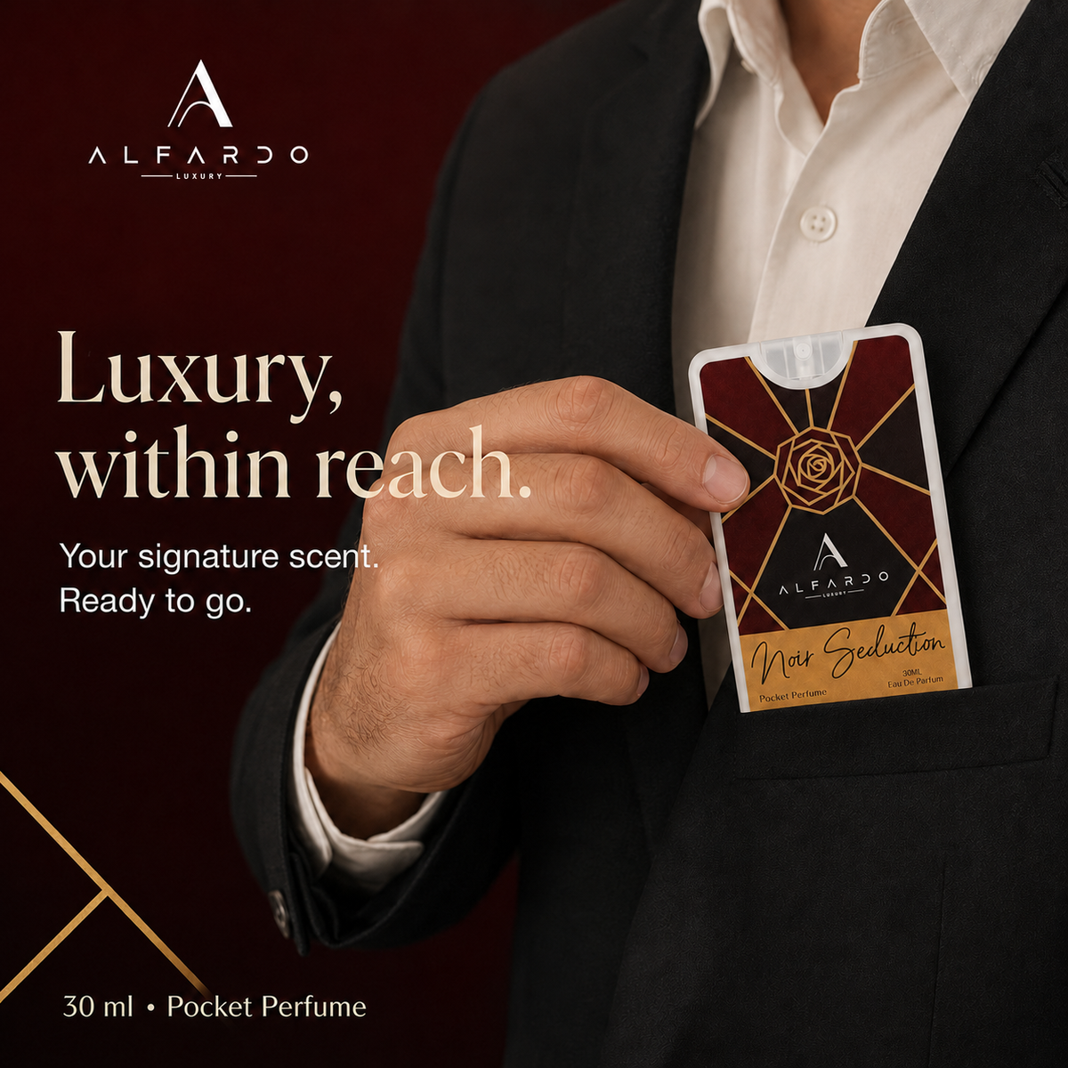 Noir Seduction pocket perfume held, showing its card-sized format