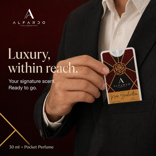Noir Seduction pocket perfume held, showing its card-sized format