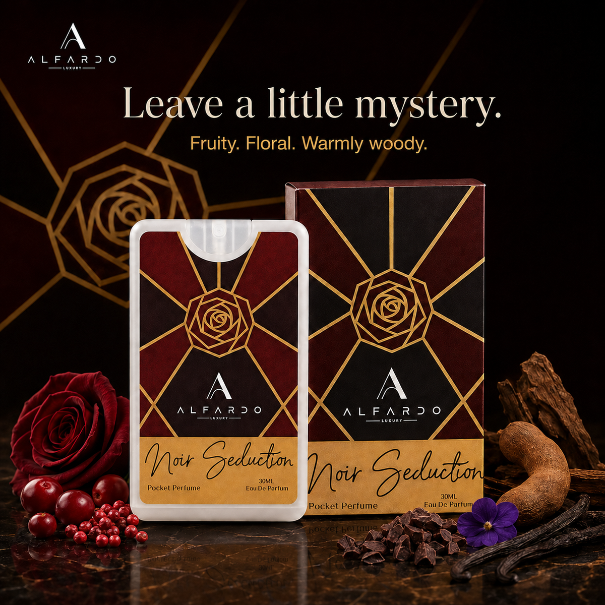 Noir Seduction pocket perfume with its key fragrance ingredients