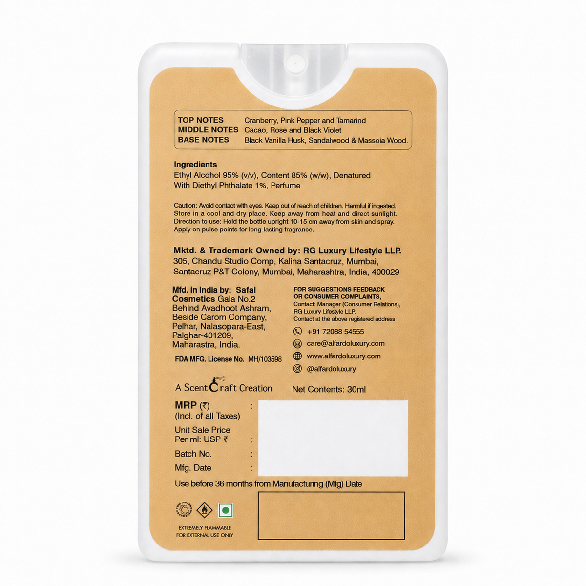 Noir Seduction back of pack with ingredients and manufacturer details