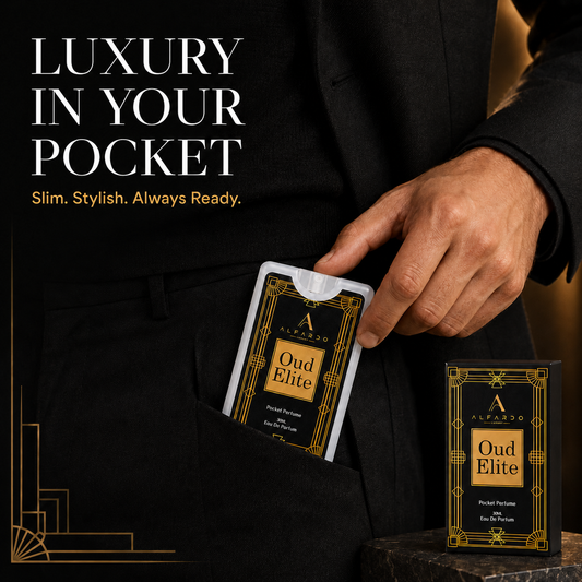 Oud Elite pocket perfume held, showing its card-sized format