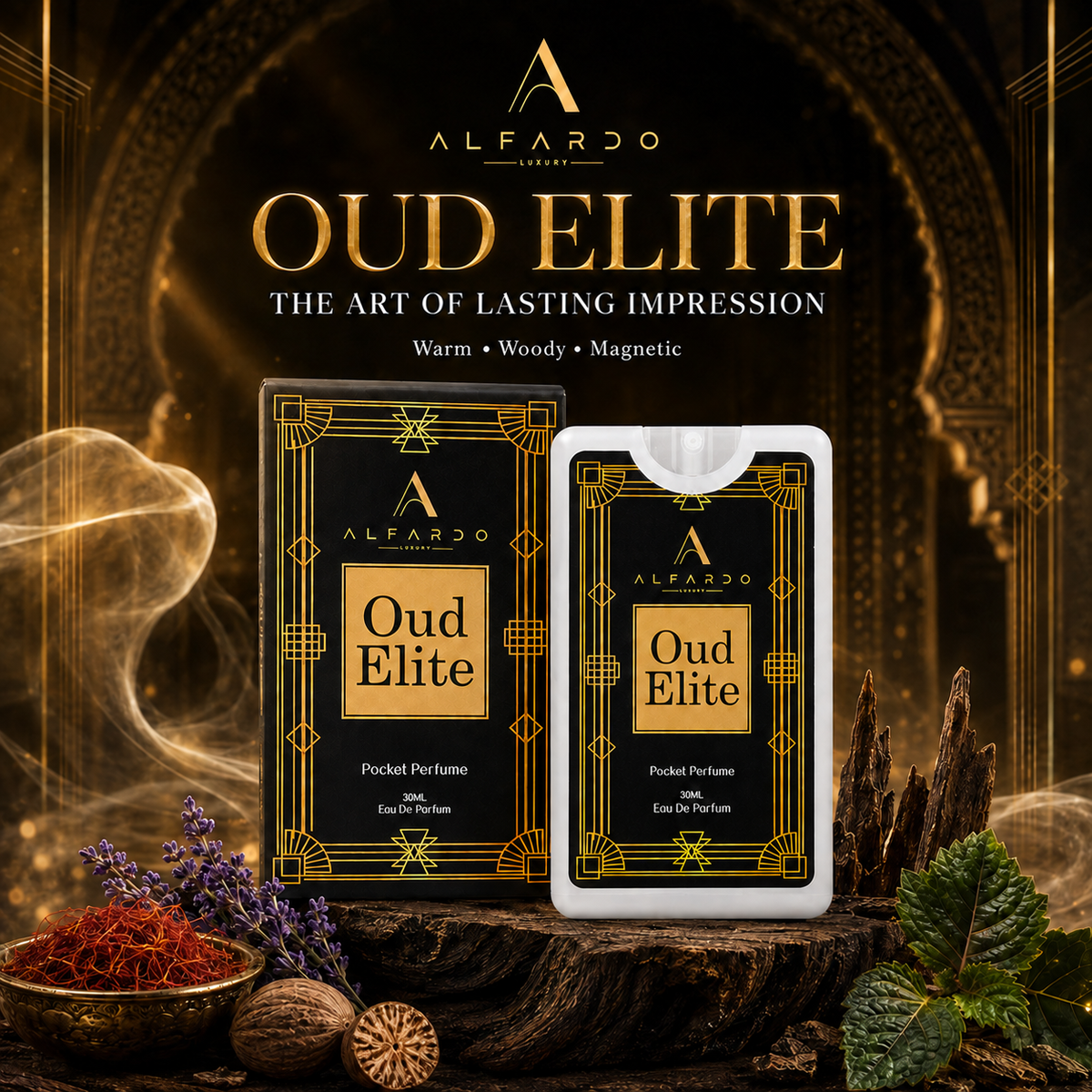 Oud Elite pocket perfume with its key fragrance ingredients