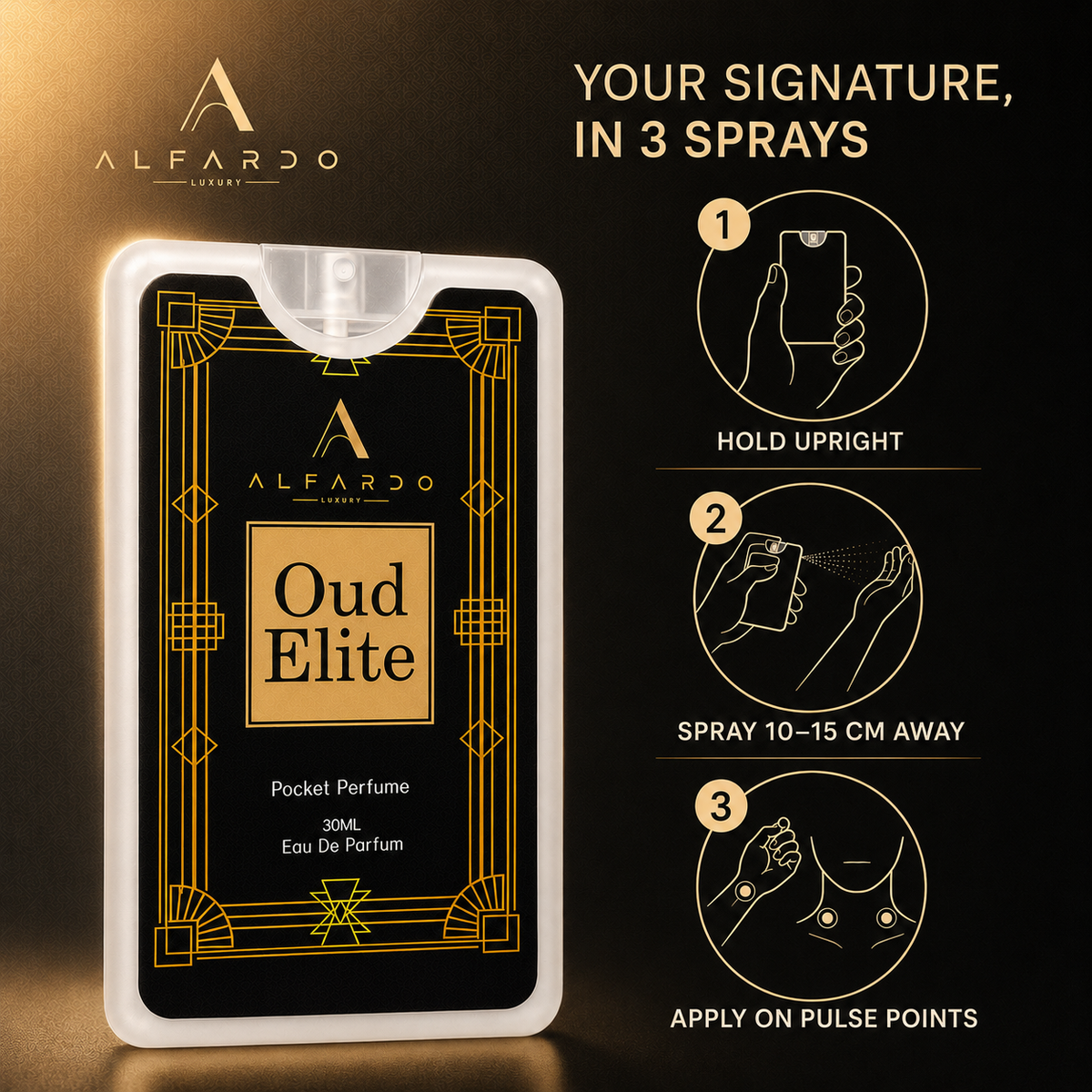 How to wear Oud Elite: hold upright, spray 10 to 15 cm away, apply to pulse points