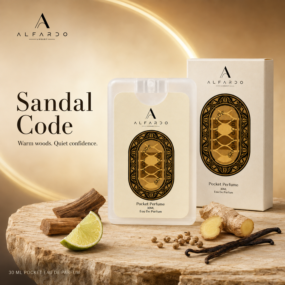 Sandal Code pocket perfume with its key fragrance ingredients
