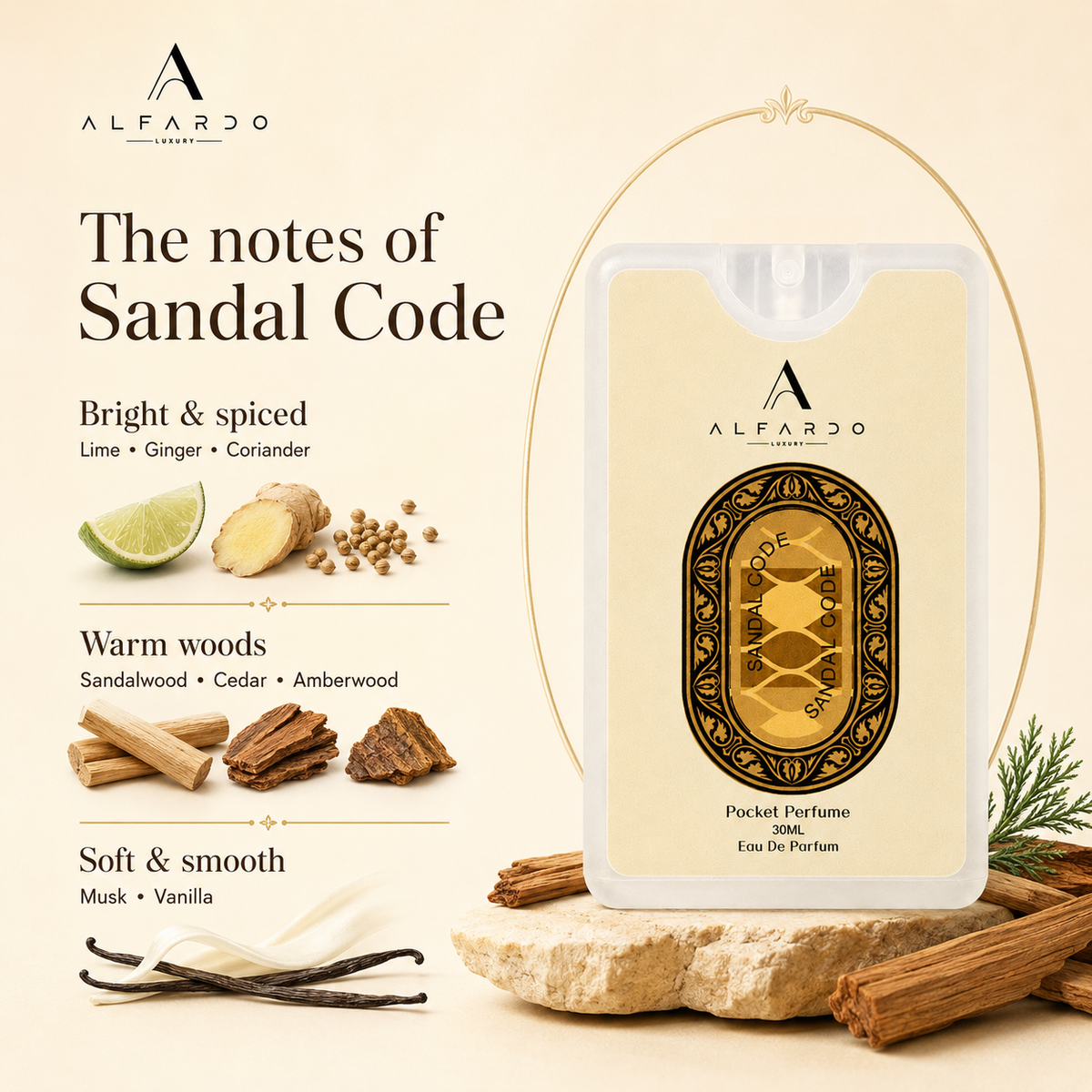 Sandal Code fragrance notes: a single blend of sandalwood, cedar and vanilla