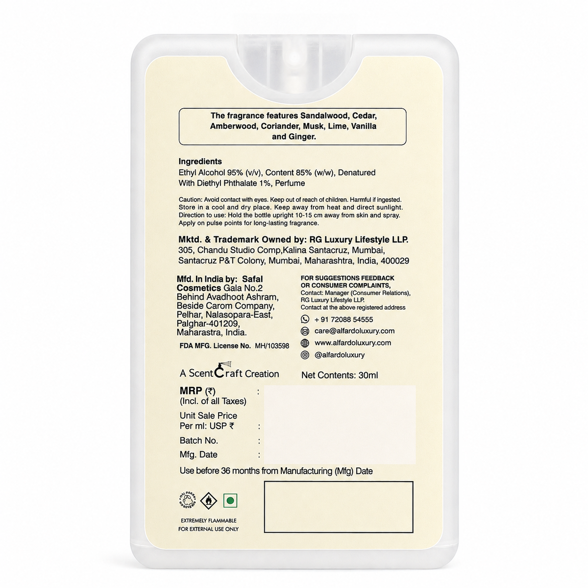 Sandal Code back of pack with ingredients and manufacturer details